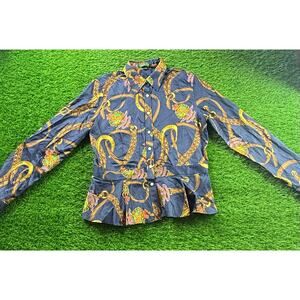 Lauren Ralph Lauren Equestrian Print Button Front Peplum Shirt Top Sz 10 Rare